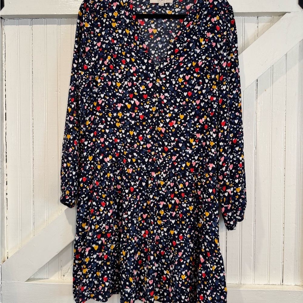 LOFT Navy Heart Print Babydoll Dress Medium Long Sleeve Flowy Mini - Picture 2 of 11